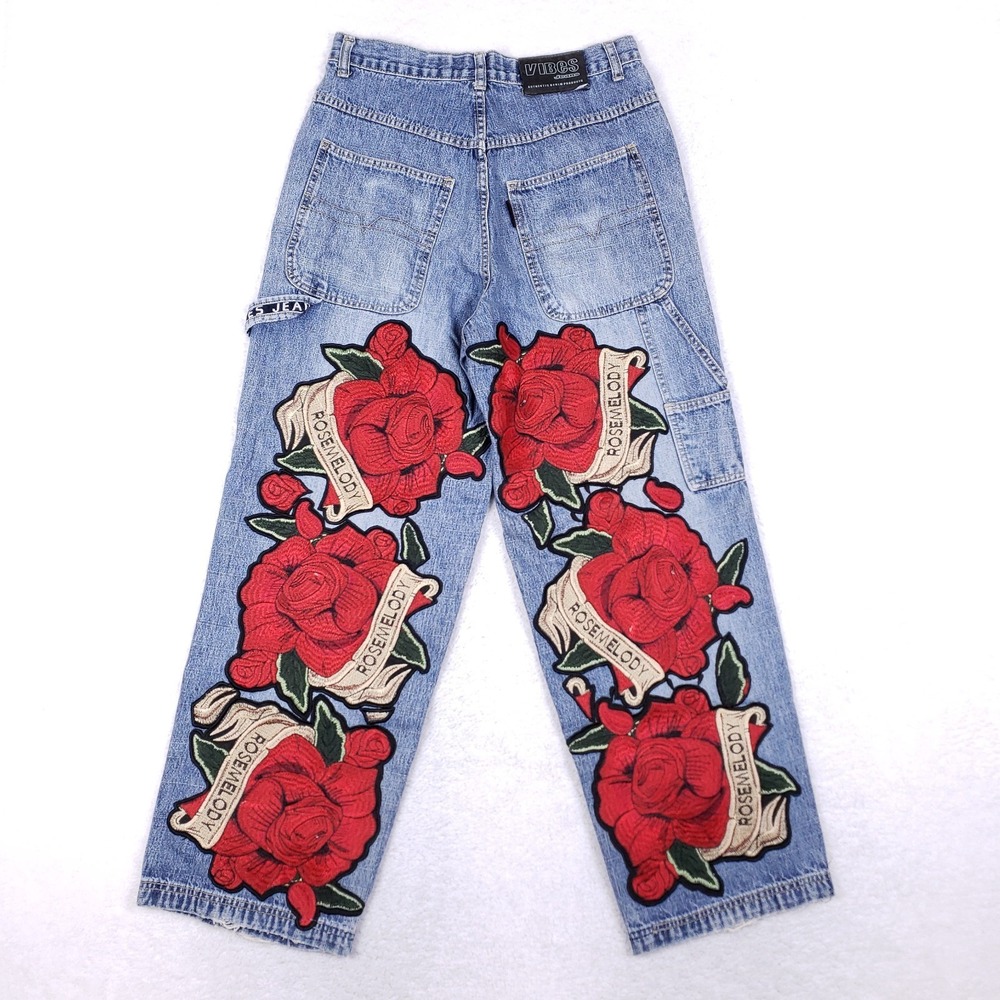 Vibes Jean Rose Embroidered Carpenter Jeans 30 Blue